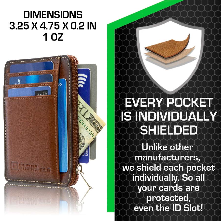 Brown RFID-blocking mini wallet with dimensions displayed, showing compact size and slim profile. Wallet open to reveal multiple card slots and compartments, ideal for securely holding credit cards, IDs, and cash in a sleek, convenient design.