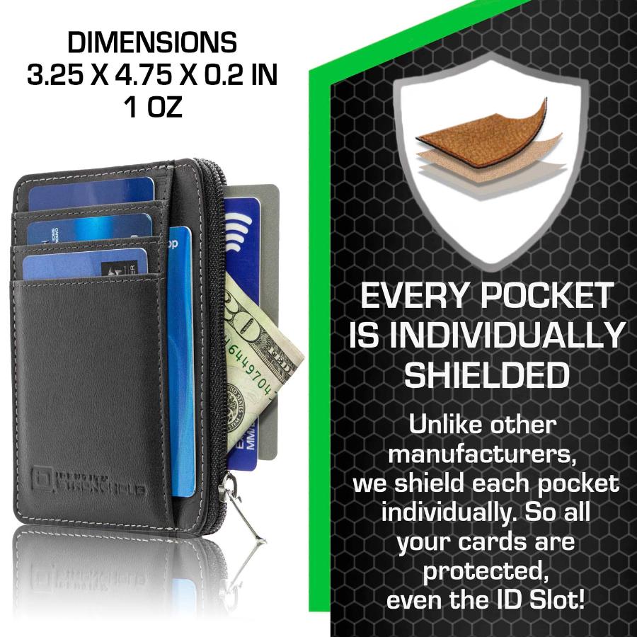 Black RFID-blocking mini wallet with dimensions displayed, showing compact size and slim profile. Wallet open to reveal multiple card slots and compartments, ideal for securely holding credit cards, IDs, and cash in a sleek, convenient design.