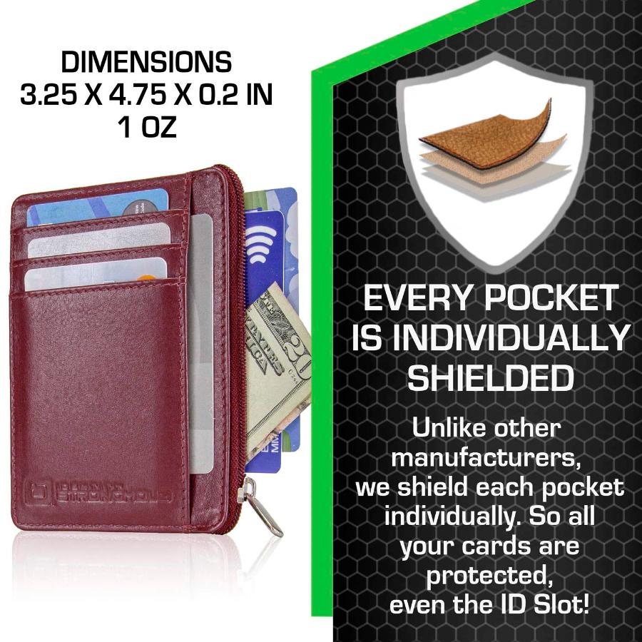 Red RFID-blocking mini wallet with dimensions displayed, showing compact size and slim profile. Wallet open to reveal multiple card slots and compartments, ideal for securely holding credit cards, IDs, and cash in a sleek, convenient design.