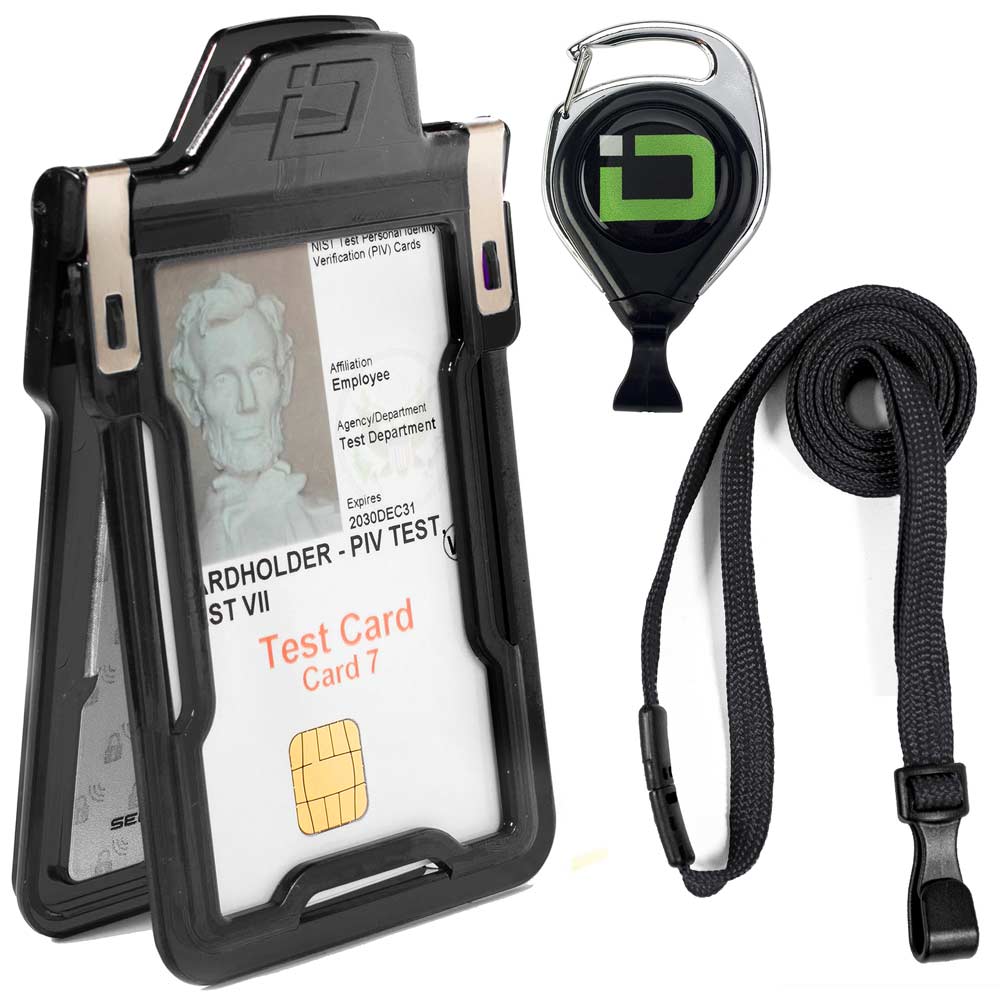 Black RFID-blocking badge holder bundle with detachable lanyard and heavy-duty cardholder – secure ID protection for work and travel.