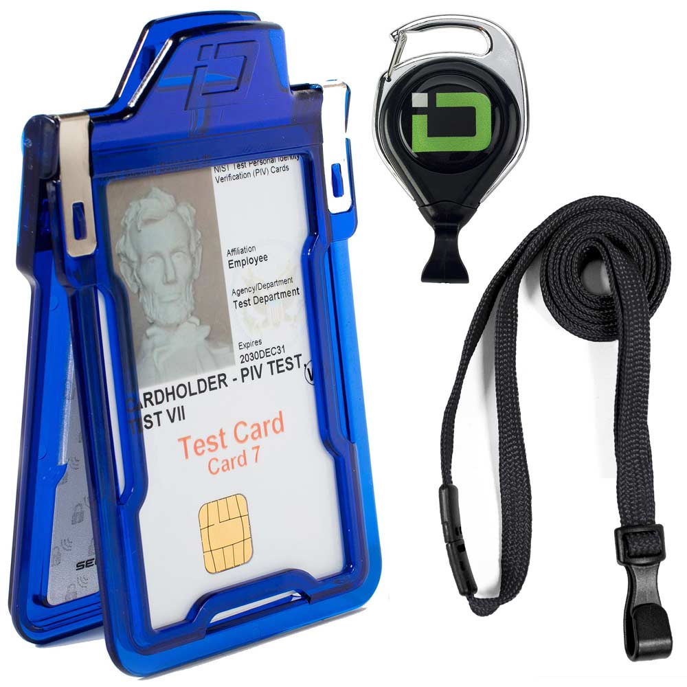 Blue RFID-blocking badge holder bundle with detachable lanyard and heavy-duty cardholder – secure ID protection for work and travel.