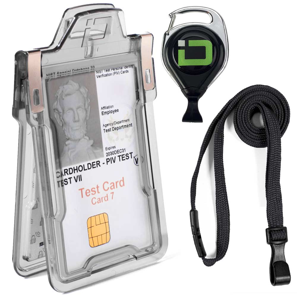 Clear RFID badge holder bundle with detachable lanyard and heavy-duty cardholder.