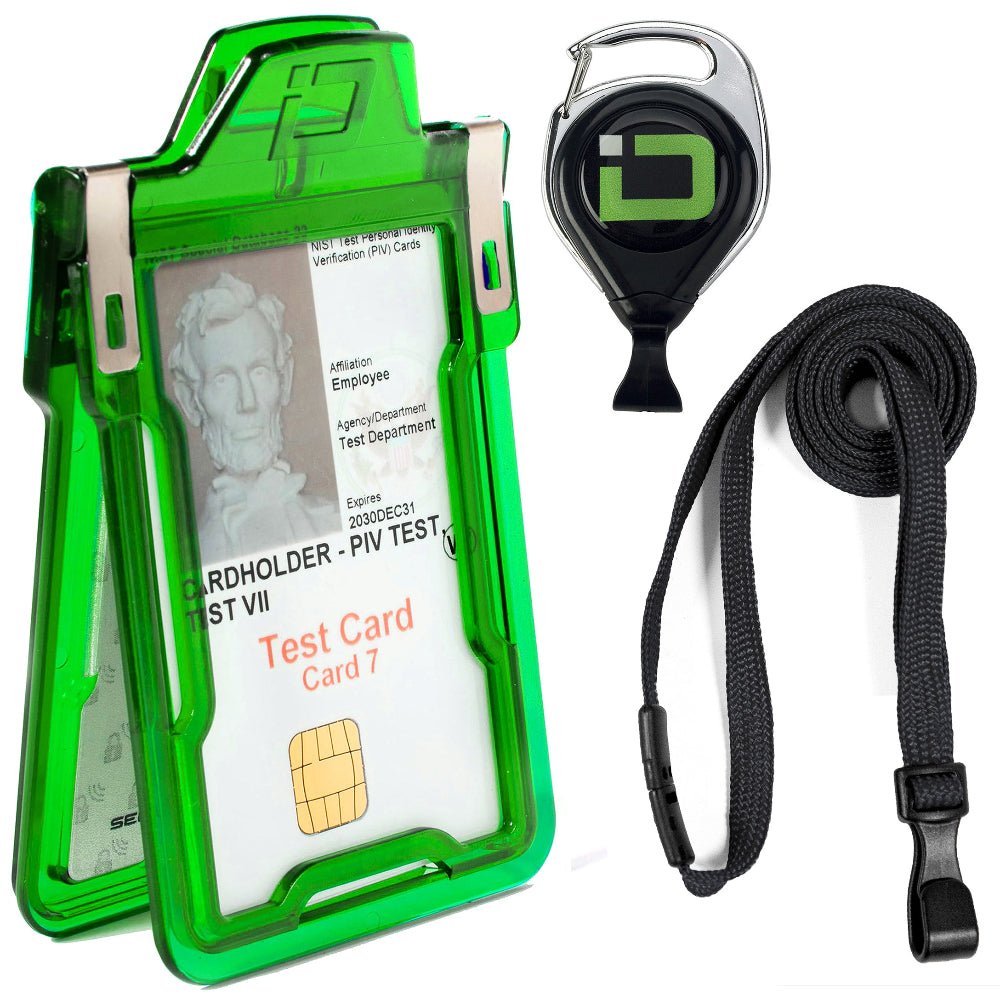 Green RFID badge holder bundle with detachable lanyard and heavy-duty cardholder – secure ID protection for work and travel.