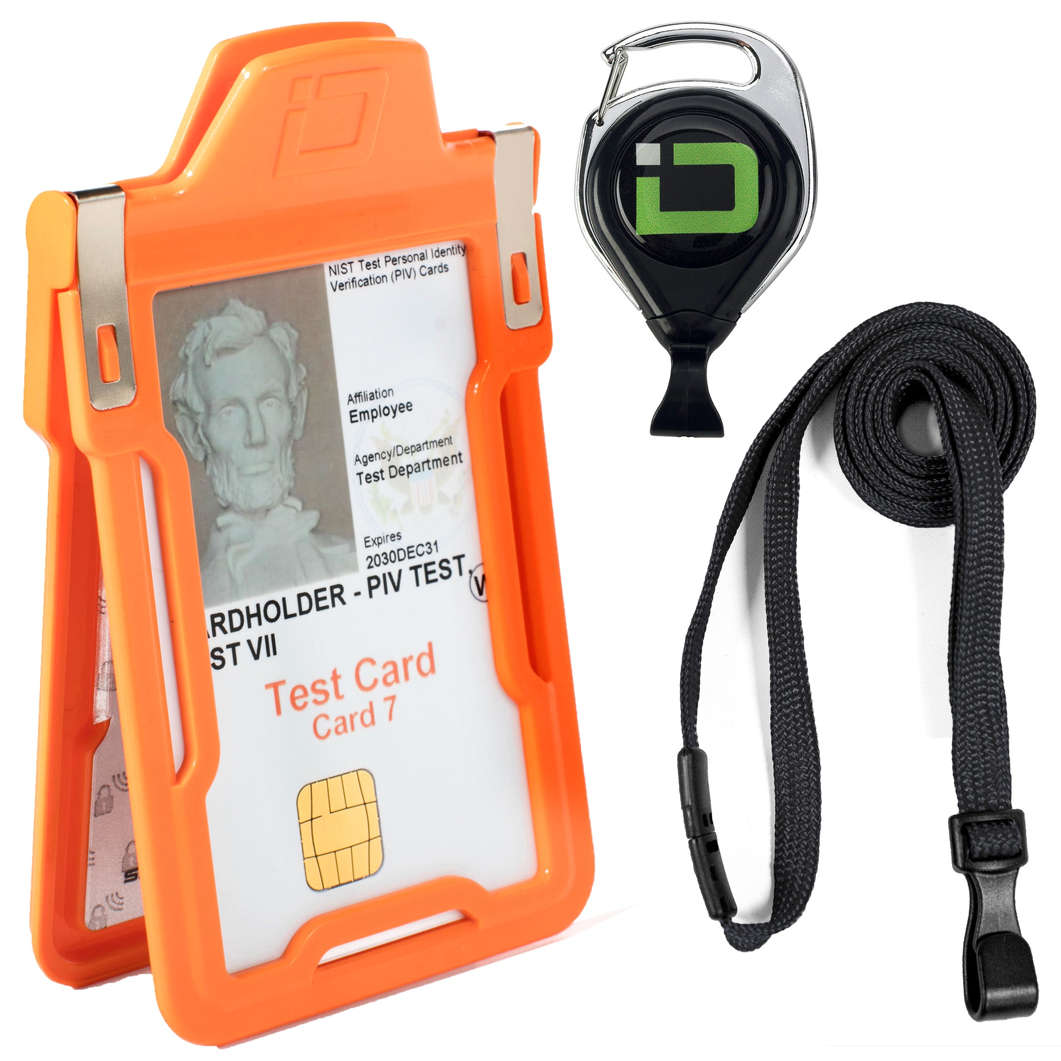 Orange RFID badge holder bundle with detachable lanyard and heavy-duty cardholder – secure ID protection for work and travel.