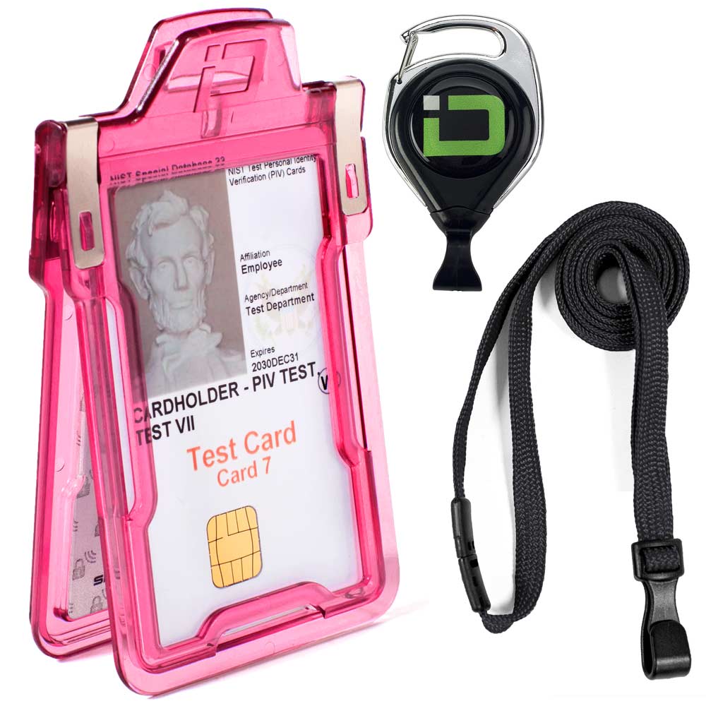 Secure Badge Holder Classic, Vertical 1 ID Card Holder, Retractable Reel, and Lanyard Bundle - Pink - IDSH1037 - pnkblk