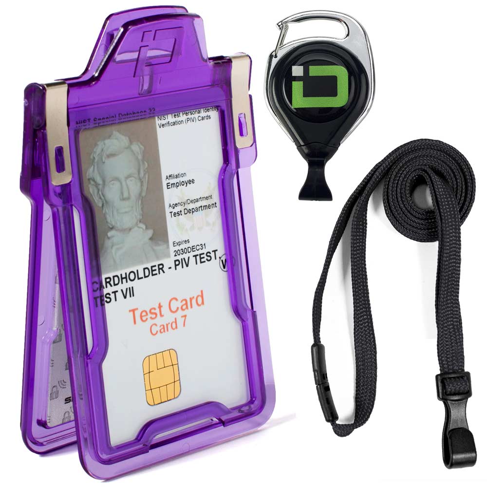 Purple RFID-blocking badge holder bundle with detachable lanyard and heavy-duty cardholder – secure ID protection for work and travel.