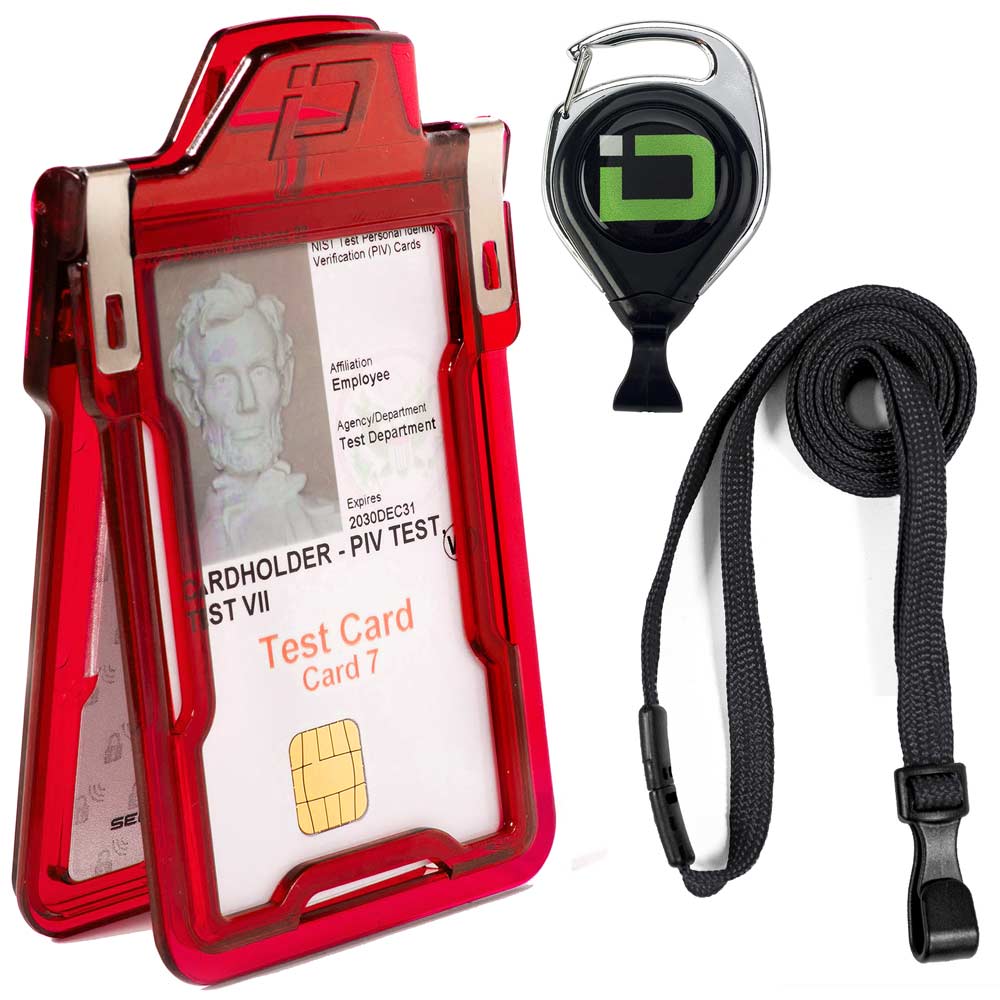 Red RFID badge holder bundle with detachable lanyard and heavy-duty cardholder – secure ID protection for work and travel.