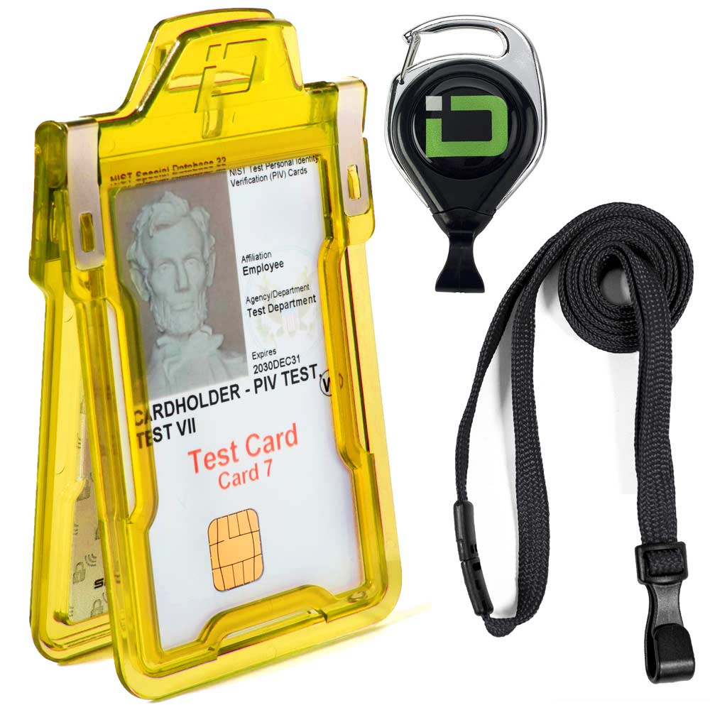 Secure Badge Holder Classic, Vertical 1 ID Card Holder, Retractable Reel, and Lanyard Bundle - Yellow - IDSH1037 - ylwblk