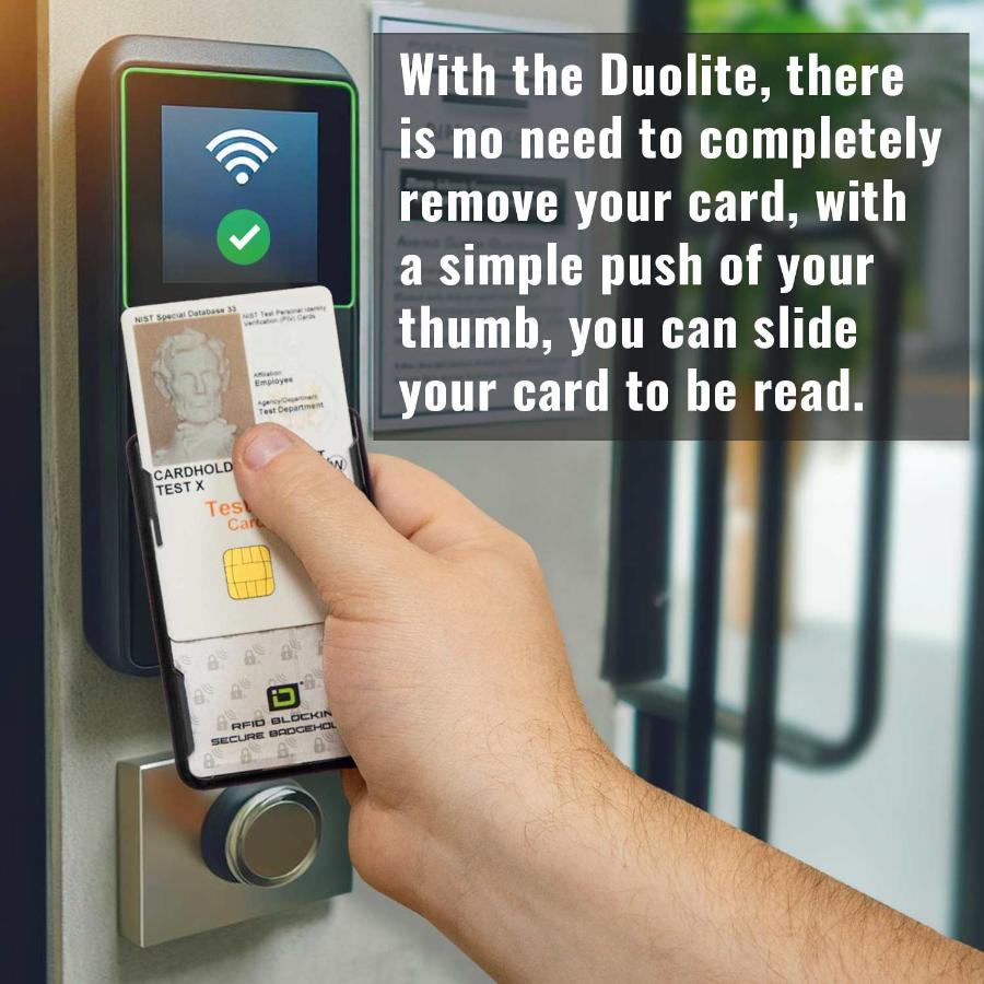 ID Stronghold Secure Badge Holder DuoLite, showing RFID-blocking protection in vertical portrait orientation with clear display for two ID cards