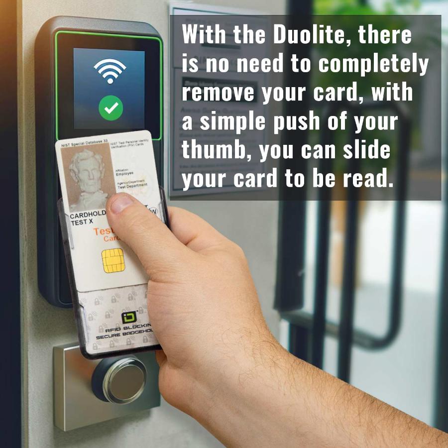 ID Stronghold Secure Badge Holder DuoLite, showing RFID-blocking protection in vertical portrait orientation with clear display for two ID cards