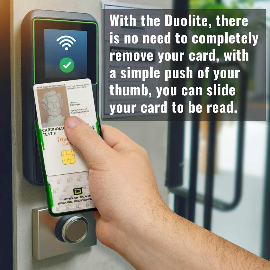 ID Stronghold Secure Badge Holder DuoLite, showing RFID-blocking protection in vertical portrait orientation with display for two ID cards