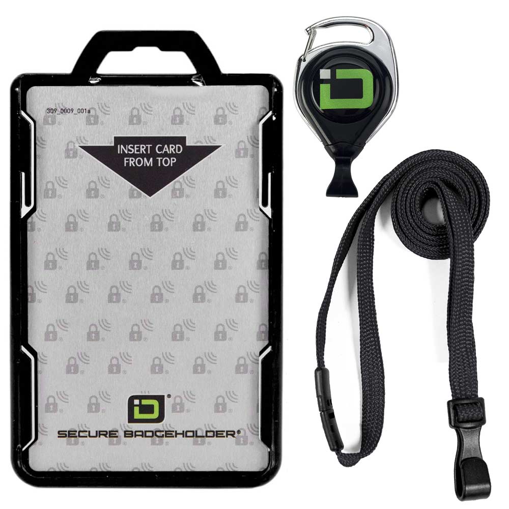 Secure Badge Holder Duolite ® Vertical 2 ID Card Holder, Retractable Reel, and Lanyard Bundle - Black - IDSH2037 - blkblk