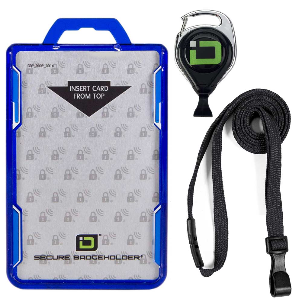 Secure Badge Holder Duolite ® Vertical 2 ID Card Holder, Retractable Reel, and Lanyard Bundle - Blue - IDSH2037 - blublk