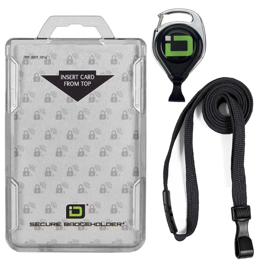 Secure Badge Holder Duolite ® Vertical 2 ID Card Holder, Retractable Reel, and Lanyard Bundle - Clear - IDSH2037 - clrblk