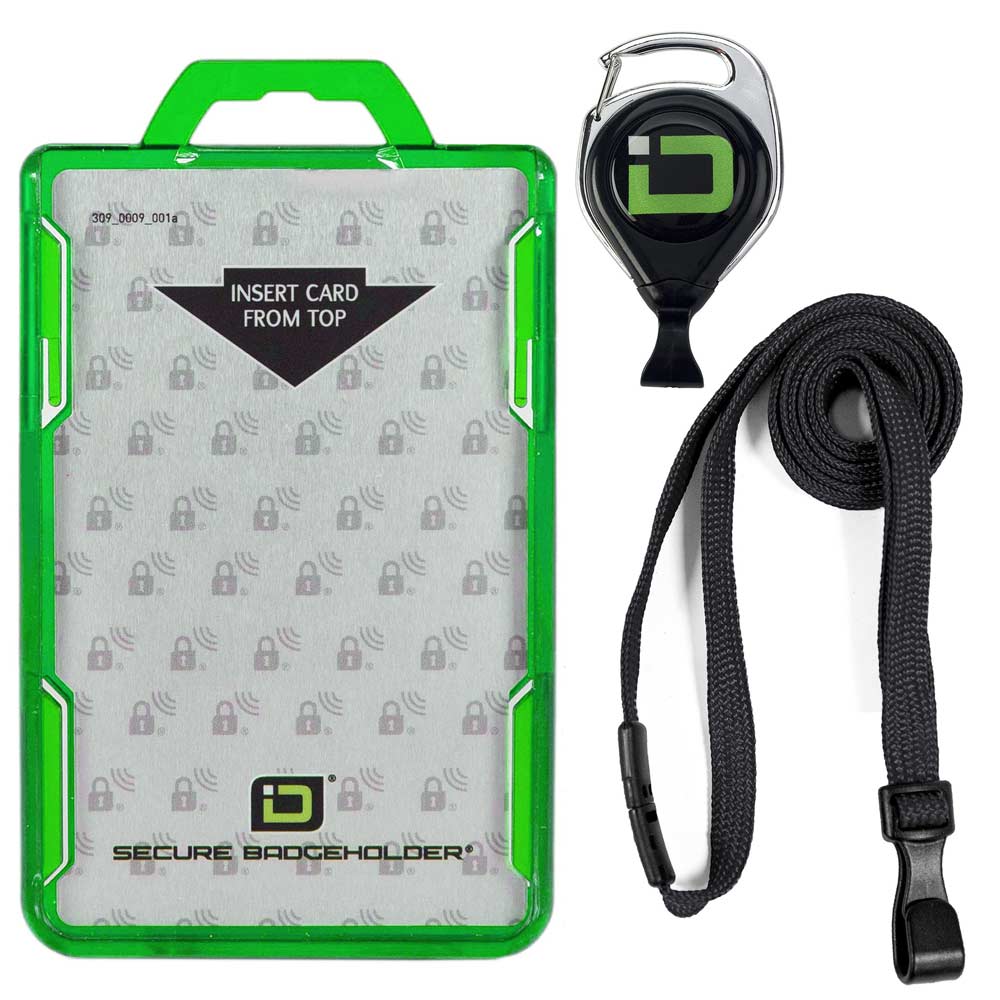 Secure Badge Holder Duolite ® Vertical 2 ID Card Holder, Retractable Reel, and Lanyard Bundle - Green - IDSH2037 - grnblk