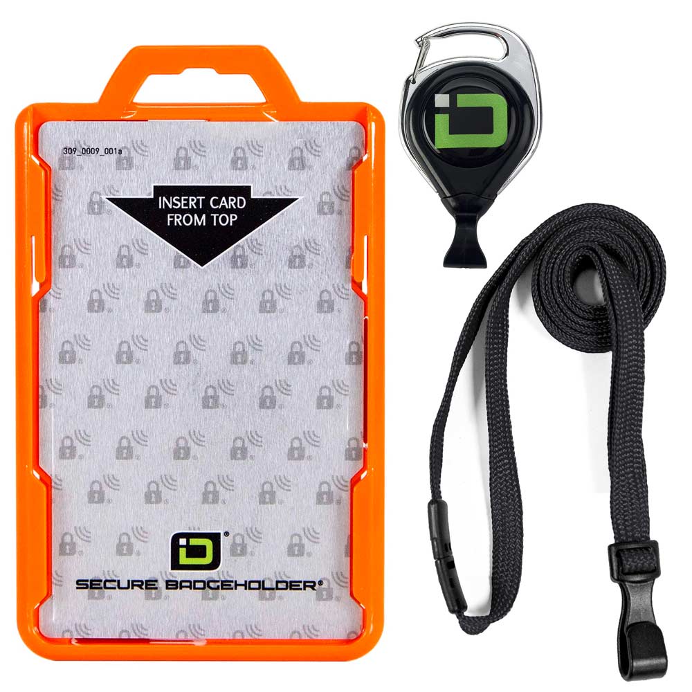 Secure Badge Holder Duolite ® Vertical 2 ID Card Holder, Retractable Reel, and Lanyard Bundle - Orange - IDSH2037 - orgblk