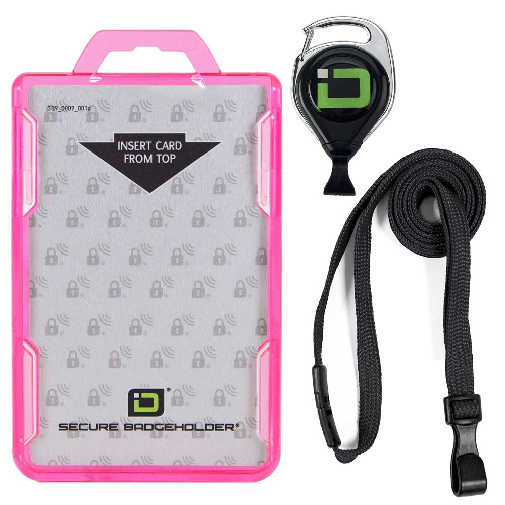 Secure Badge Holder Duolite ® Vertical 2 ID Card Holder, Retractable Reel, and Lanyard Bundle - Pink - IDSH2037 - pnkblk