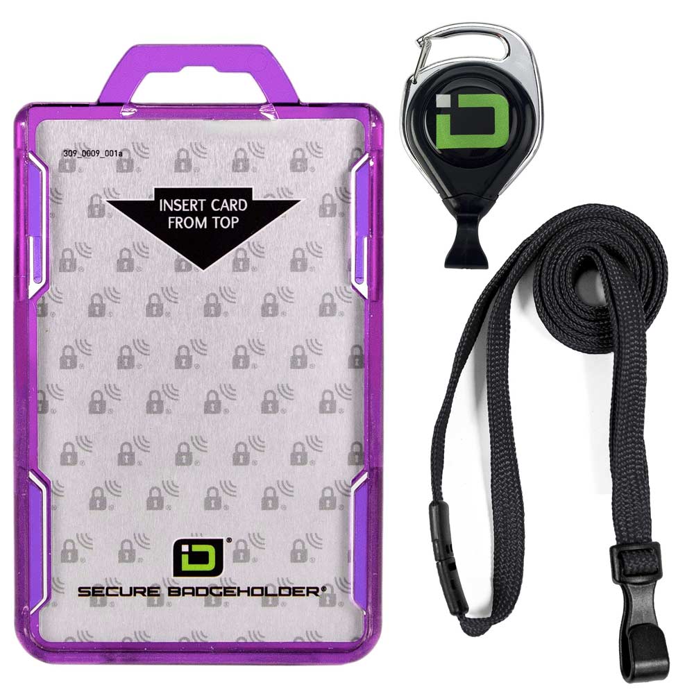 Secure Badge Holder Duolite ® Vertical 2 ID Card Holder, Retractable Reel, and Lanyard Bundle - Purple - IDSH2037 - purblk