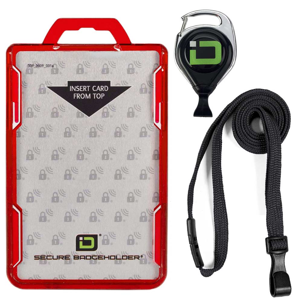 Secure Badge Holder Duolite ® Vertical 2 ID Card Holder, Retractable Reel, and Lanyard Bundle - Red - IDSH2037 - redblk