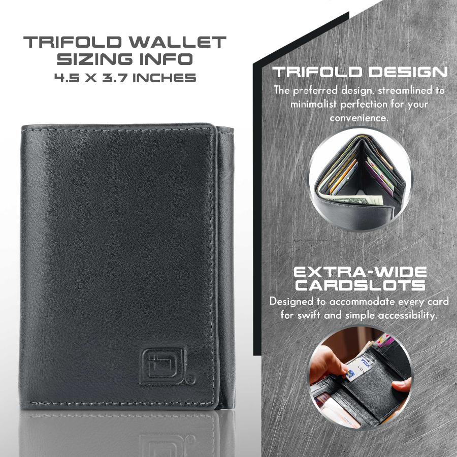 Black RFID-blocking trifold wallet for men, displaying interior features including 8 card slots and a clear ID window. The wallet's extra capacity and RFID protection offer enhanced security against electronic theft, making it a durable and stylish accessory for everyday use.