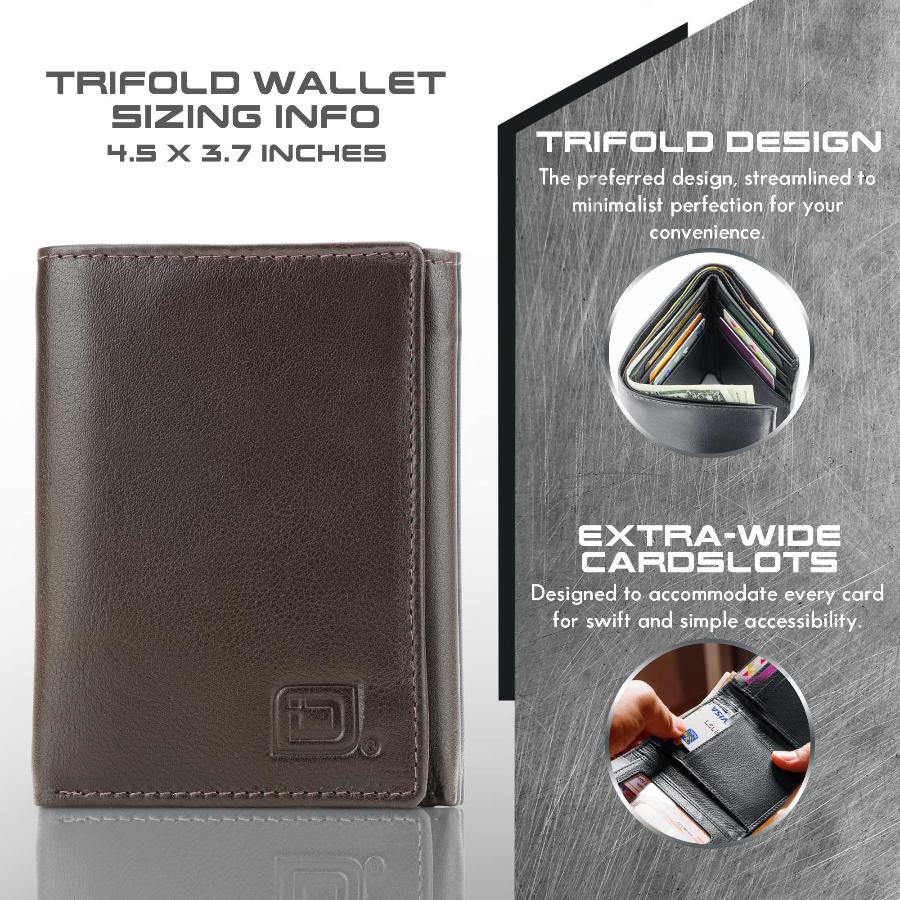 Brown RFID-blocking trifold wallet for men, displaying interior features including 8 card slots and a clear ID window. The wallet's extra capacity and RFID protection offer enhanced security against electronic theft, making it a durable and stylish accessory for everyday use.