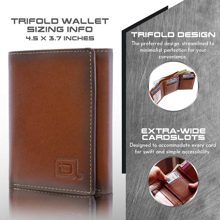 Brown RFID-blocking trifold wallet for men, displaying interior features including 8 card slots and a clear ID window. The wallet's extra capacity and RFID protection offer enhanced security against electronic theft, making it a durable and stylish accessory for everyday use.