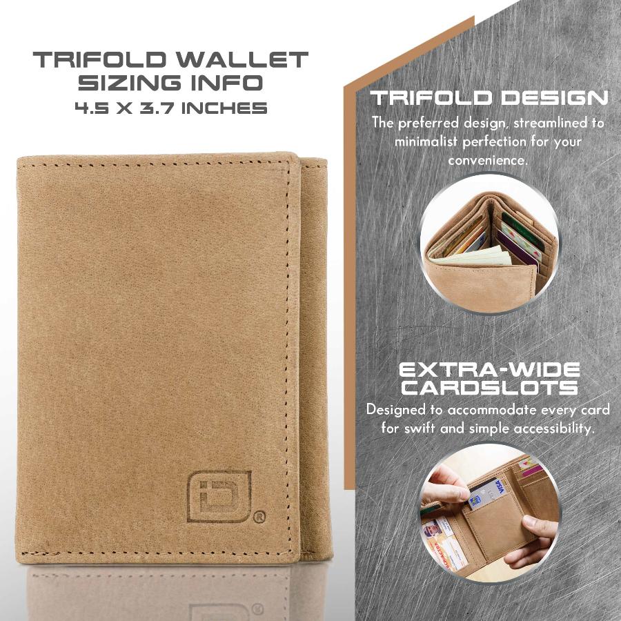 Tan RFID-blocking trifold wallet for men, displaying interior features including 8 card slots and a clear ID window. The wallet's extra capacity and RFID protection offer enhanced security against electronic theft, making it a durable and stylish accessory for everyday use.