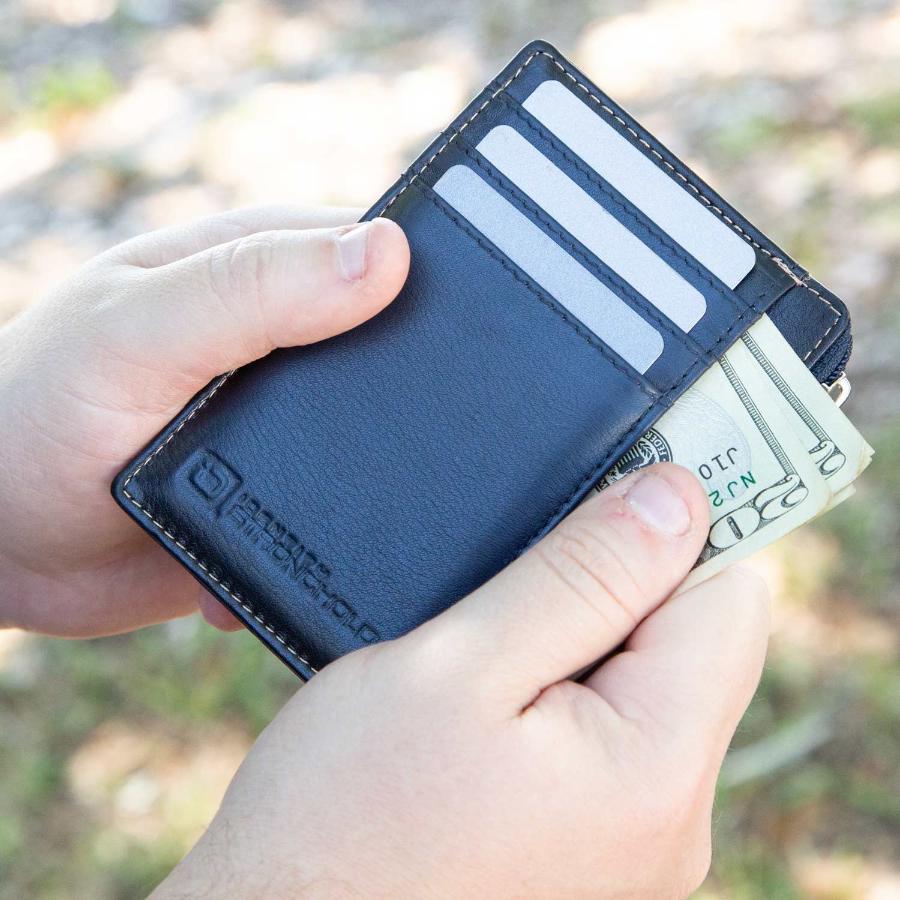 Blue RFID-blocking mini wallet partially visible in hands, demonstrating its compact and slim design. The wallet’s secure, minimalist style makes it ideal for convenient everyday carry, holding essentials like credit cards, IDs, and cash.