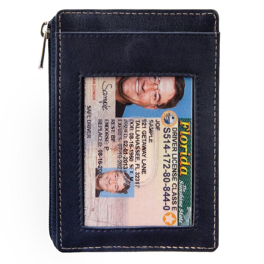 ID Window view of a blue RFID-blocking mini wallet, showcasing its sleek design and secure features. The wallet is closed, highlighting its compact profile, making it a stylish accessory for safely storing credit cards, IDs, and cash.