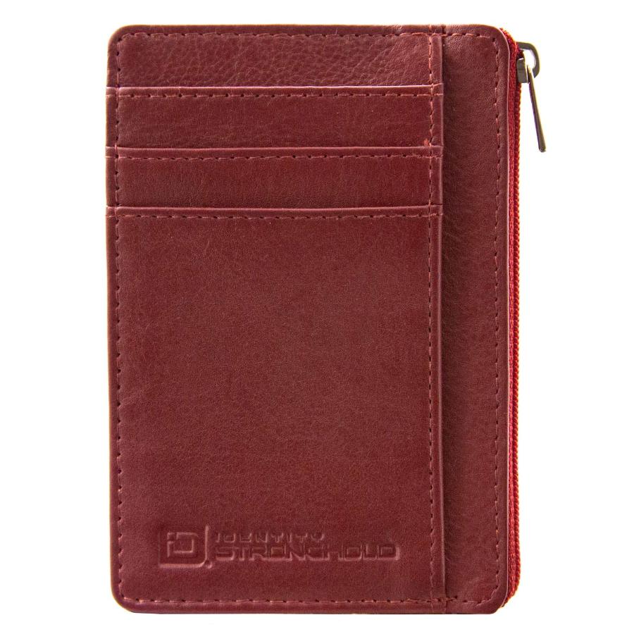 Front view of a red RFID-blocking mini wallet, showcasing its sleek design and secure features. The wallet is closed, highlighting its compact profile, making it a stylish accessory for safely storing credit cards, IDs, and cash.