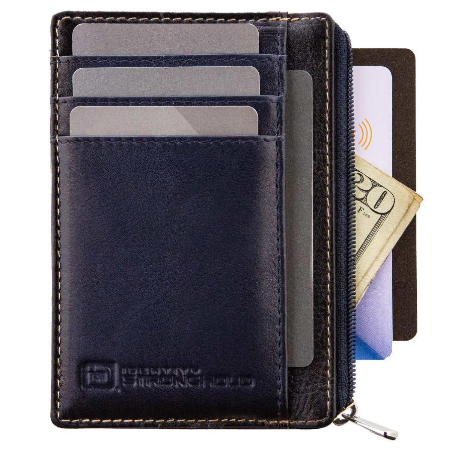 Blue RFID-blocking mini wallet shown open, displaying multiple card slots and compartments for secure storage of credit cards, IDs, and cash. Wallet designed with a compact, slim profile for convenient everyday carry