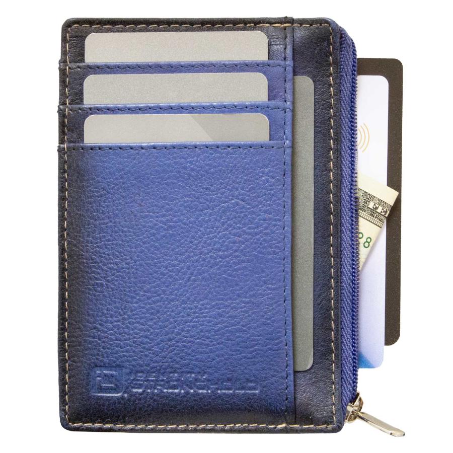 Blue RFID-blocking mini wallet shown open, displaying multiple card slots and compartments for secure storage of credit cards, IDs, and cash. Wallet designed with a compact, slim profile for convenient everyday carry