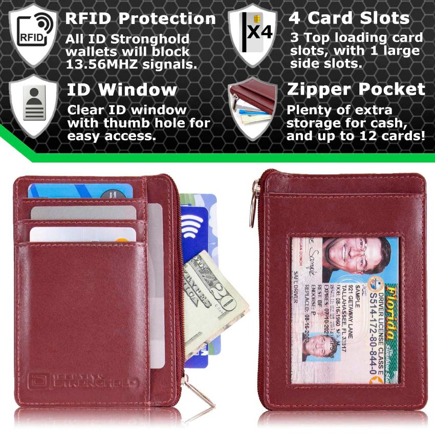 Red RFID-blocking mini wallet showcasing features, including multiple card slots, a slim design, and secure compartments for credit cards, IDs, and cash. Wallet displayed open, highlighting its compact and practical layout ideal for secure, everyday use.