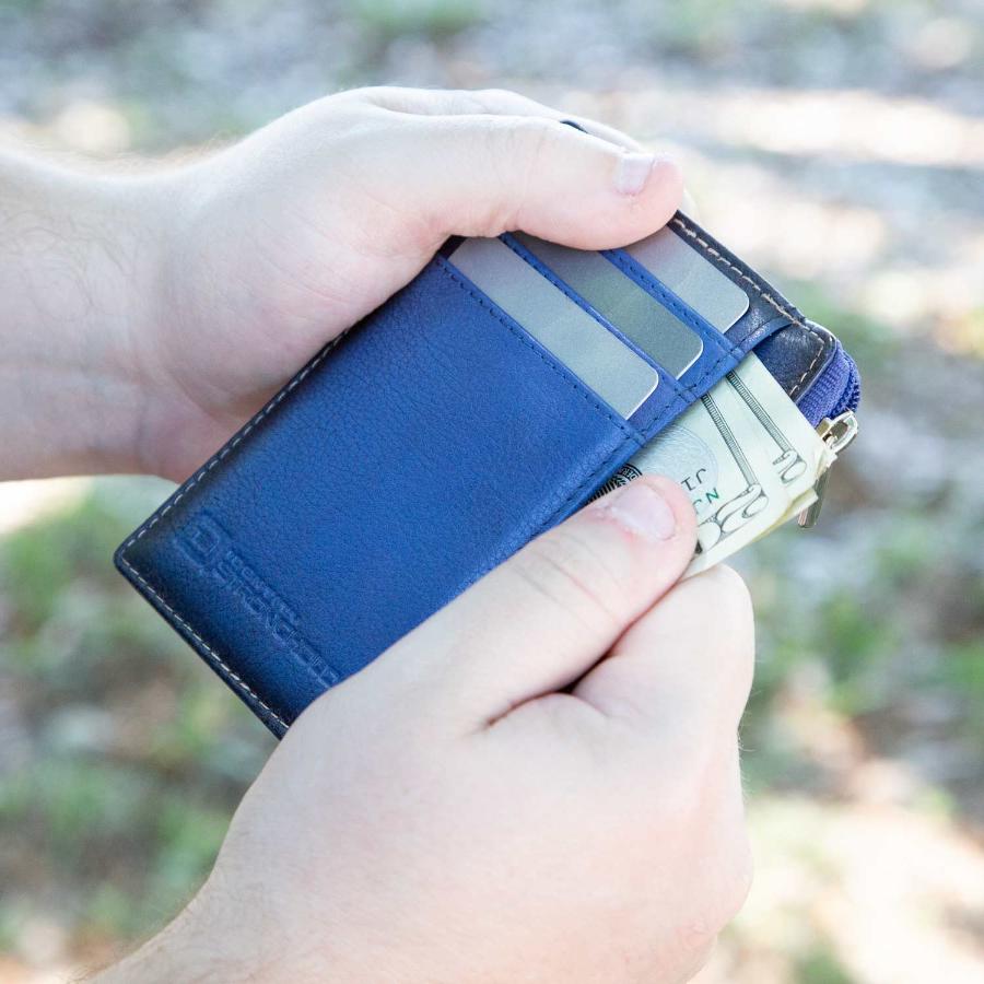 Blue RFID-blocking mini wallet partially visible in hands, demonstrating its compact and slim design. The wallet’s secure, minimalist style makes it ideal for convenient everyday carry, holding essentials like credit cards, IDs, and cash.