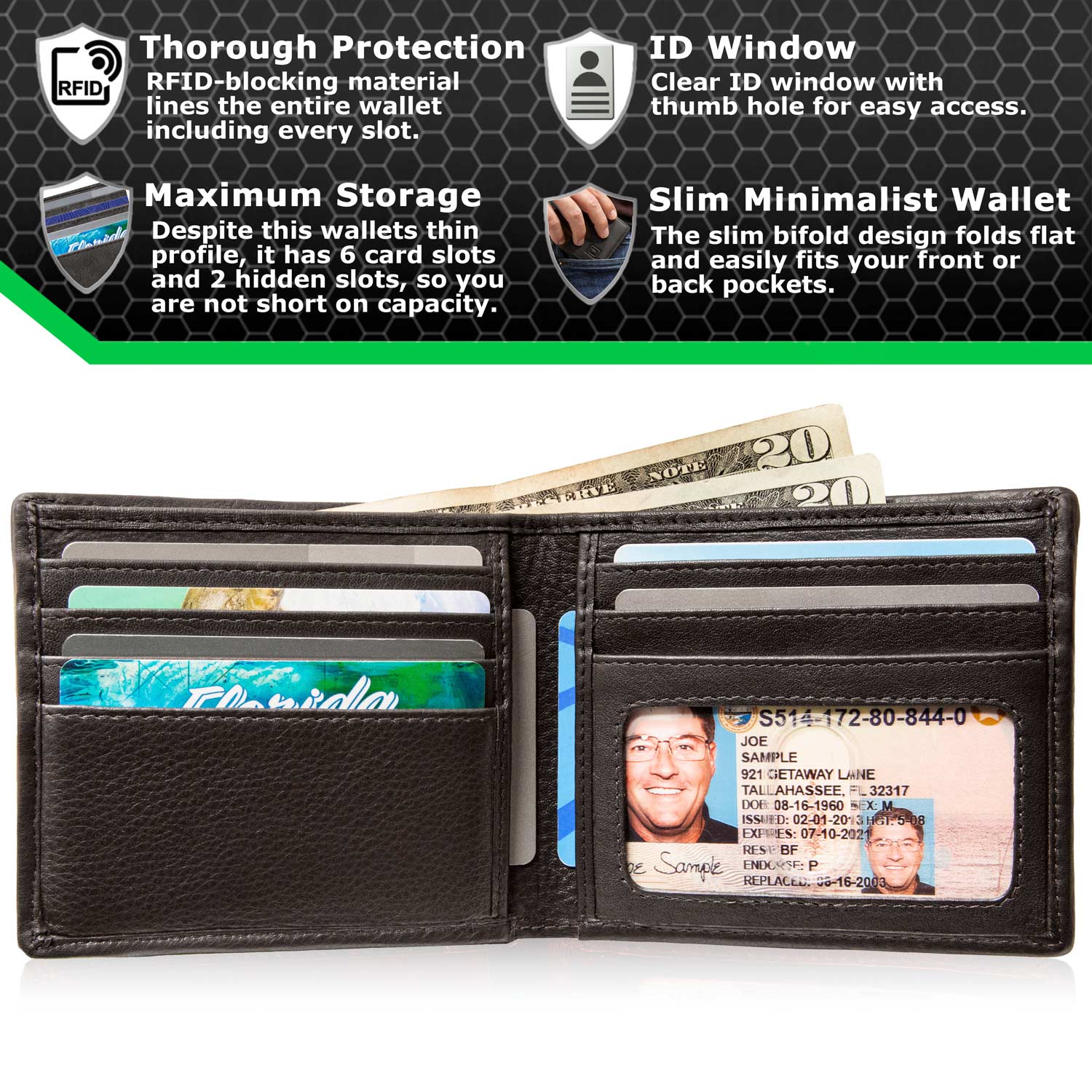 Mens RFID Wallet - Slim 7 Slot Bifold With ID in Leather and Nylon - Black - IDSH7013 - blk