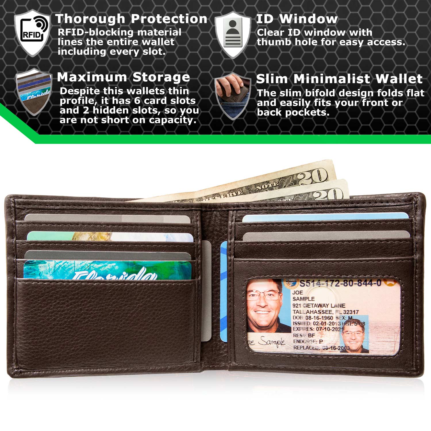 Mens RFID Wallet - Slim 7 Slot Bifold With ID in Leather and Nylon - Dark Brown - IDSH7013 - brn