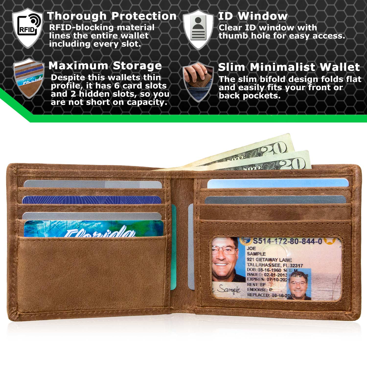 Mens RFID Wallet - Slim 7 Slot Bifold With ID in Leather and Nylon