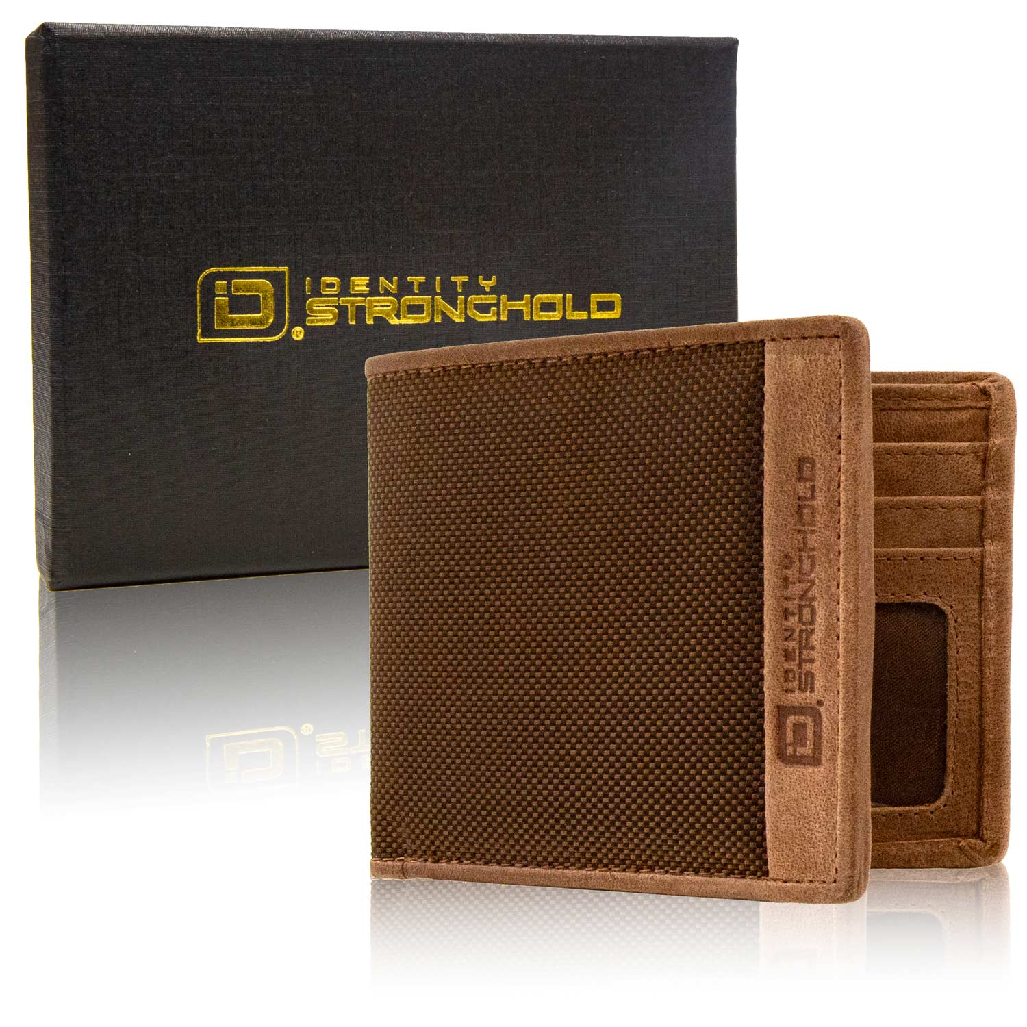 Mens RFID Wallet - Slim 7 Slot Bifold With ID in Leather and Nylon - Brown - IDSH7013 - ltbrn