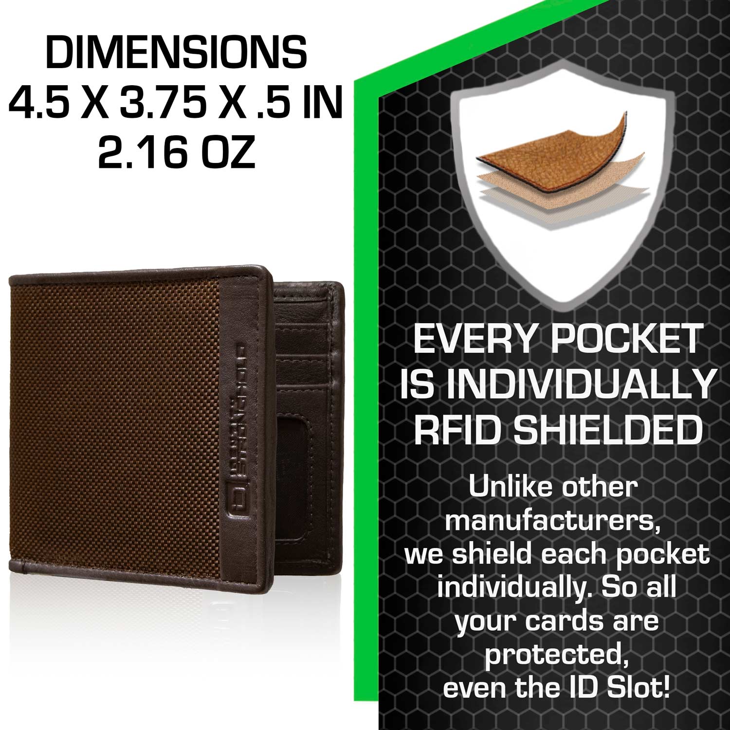 Mens RFID Wallet - Slim 7 Slot Bifold With ID in Leather and Nylon - Dark Brown - IDSH7013 - brn