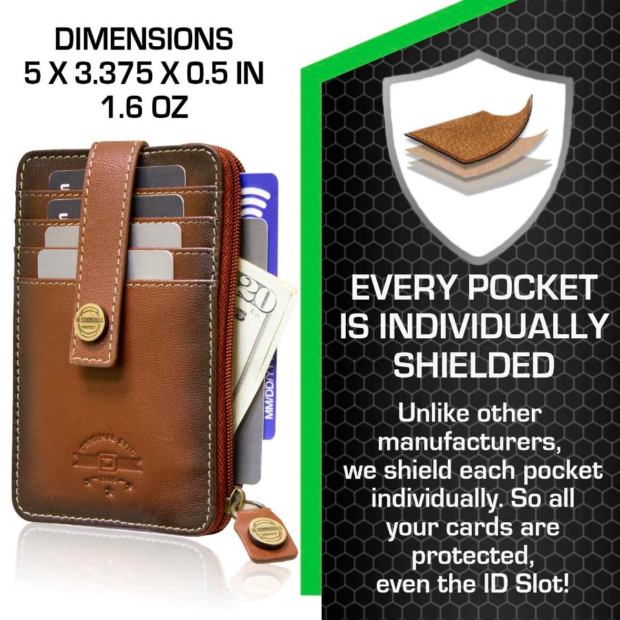 Full view of RFID Blocking Mega Mini Wallet in brown, showing multiple card slots, cash compartment, and secure zippered pocket for compact, organized storage with RFID protection against digital theft.