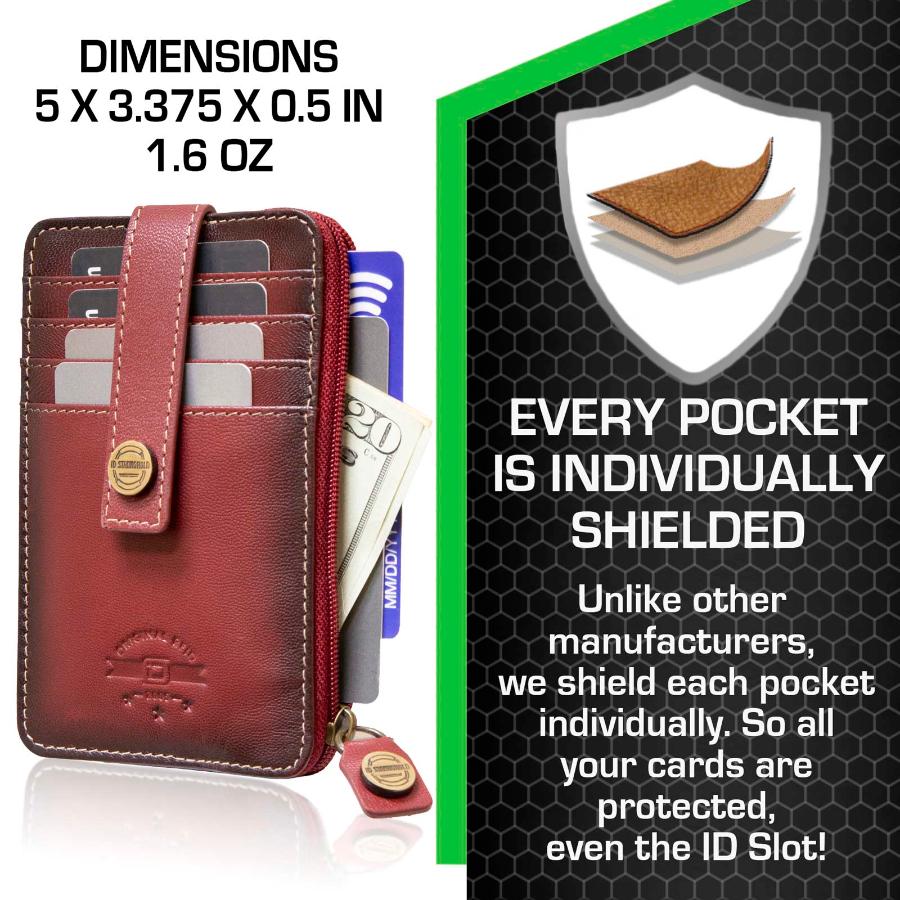 Full view of RFID Blocking Mega Mini Wallet in red, showing multiple card slots, cash compartment, and secure zippered pocket for compact, organized storage with RFID protection against digital theft.