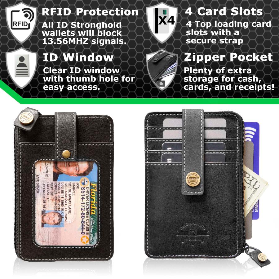 Full view of RFID Blocking Mega Mini Wallet in black, showing multiple card slots, cash compartment, and secure zippered pocket for compact, organized storage with RFID protection against digital theft.