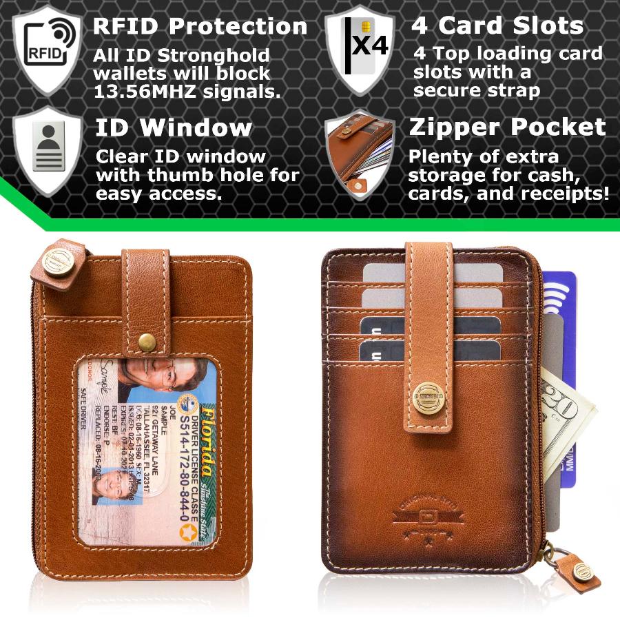 Full view of RFID Blocking Mega Mini Wallet in brown, showing multiple card slots, cash compartment, and secure zippered pocket for compact, organized storage with RFID protection against digital theft.