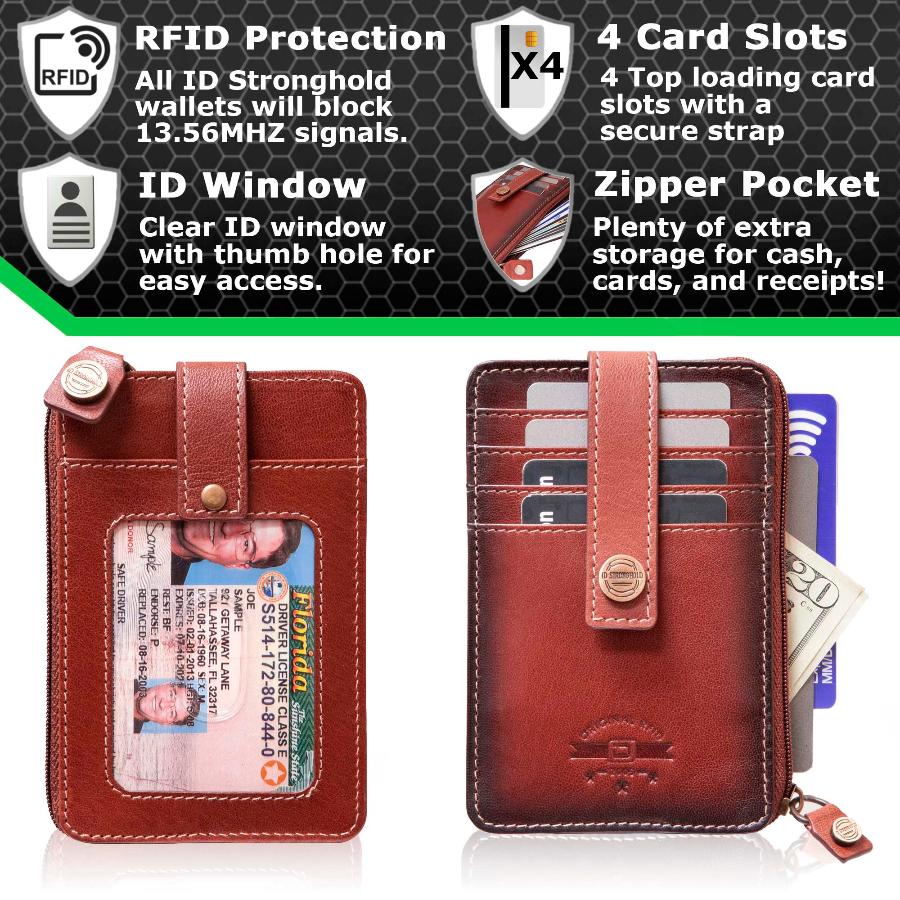 Full view of RFID Blocking Mega Mini Wallet in red, showing multiple card slots, cash compartment, and secure zippered pocket for compact, organized storage with RFID protection against digital theft.