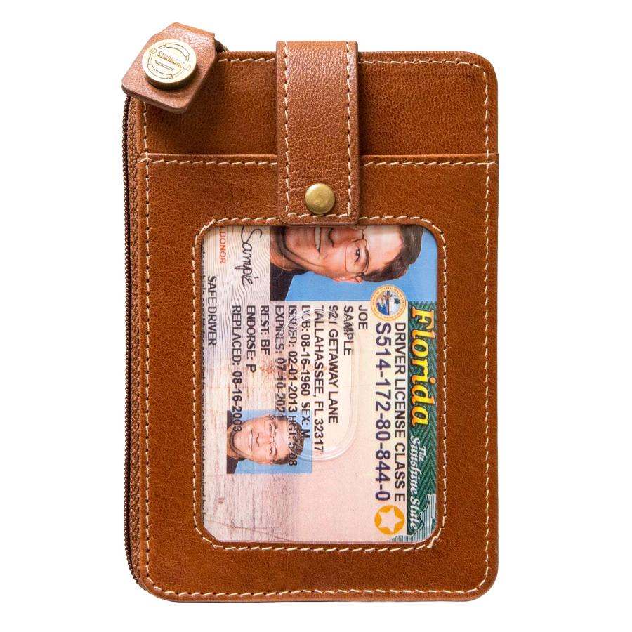 ID Card view of RFID Blocking Mega Mini Wallet in brown, showing secure zippered pocket for compact, organized storage with RFID protection against digital theft.