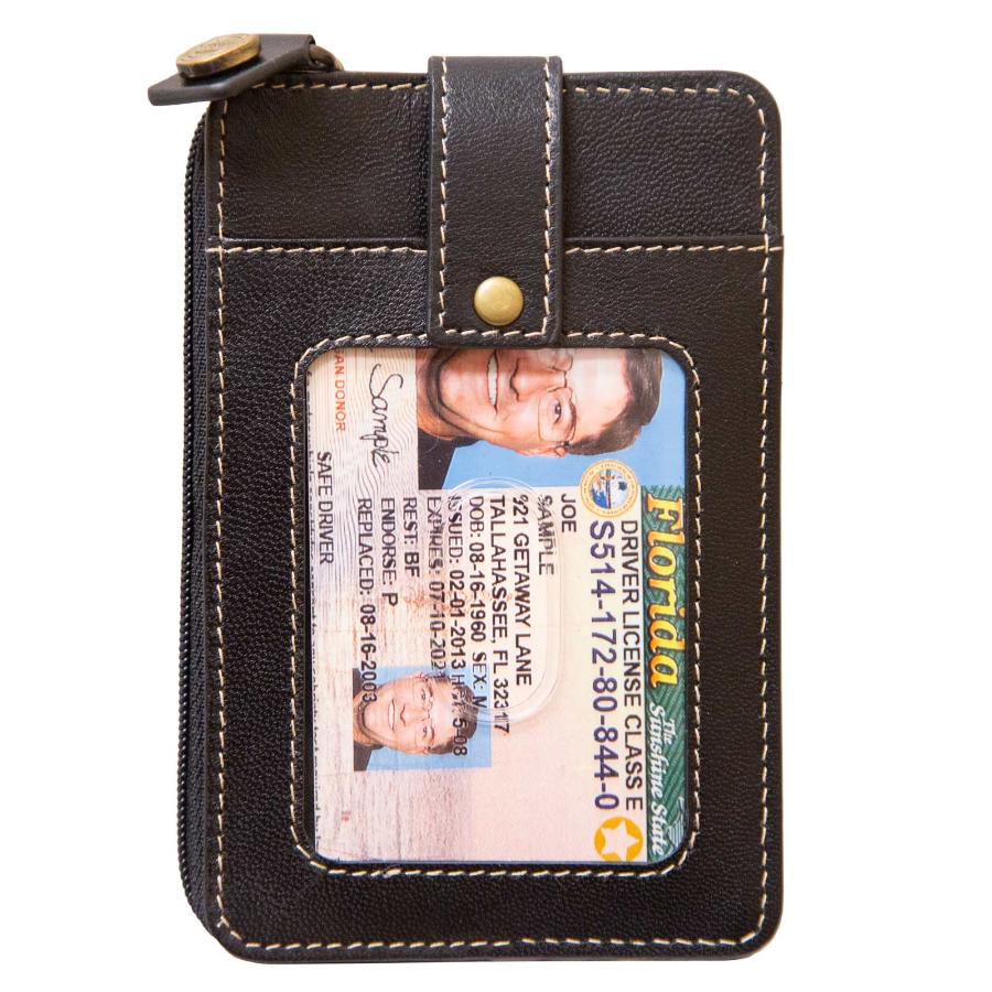 ID Card view of RFID Blocking Mega Mini Wallet in black, showing secure zippered pocket for compact, organized storage with RFID protection against digital theft.