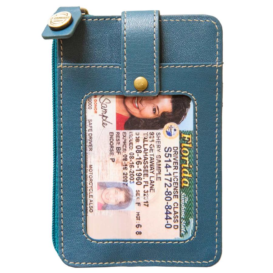 ID Card view of RFID Blocking Mega Mini Wallet in blue, showing secure zippered pocket for compact, organized storage with RFID protection against digital theft.