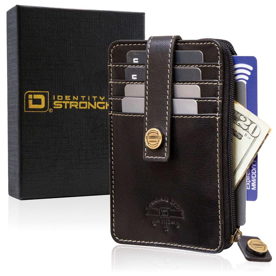 Full view of RFID Blocking Mega Mini Wallet in black, showing multiple card slots, cash compartment, and secure zippered pocket for compact, with a gift box.