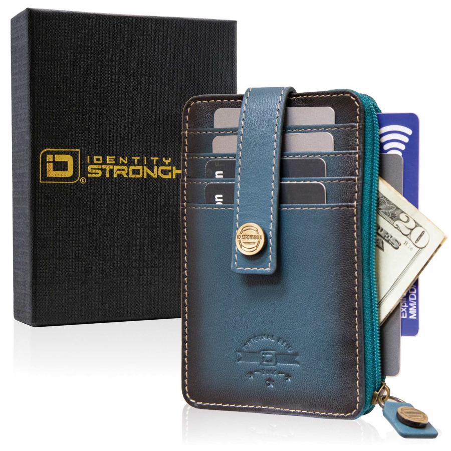 Full view of RFID Blocking Mega Mini Wallet in blue, showing multiple card slots, cash compartment, and secure zippered pocket for compact, with a gift box.