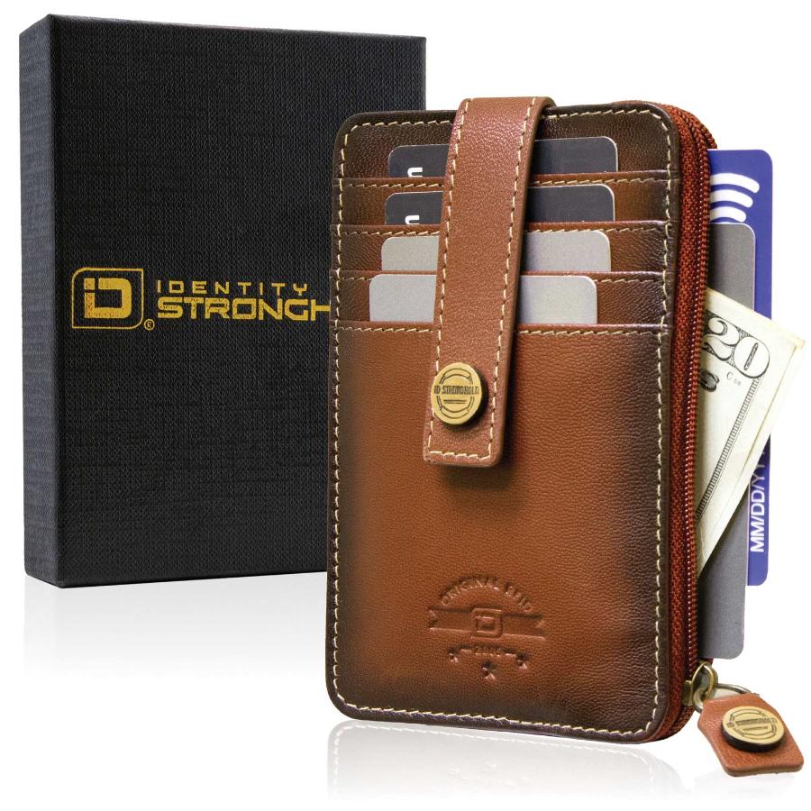 Full view of RFID Blocking Mega Mini Wallet in brown, showing multiple card slots, cash compartment, and secure zippered pocket for compact, with a gift box.